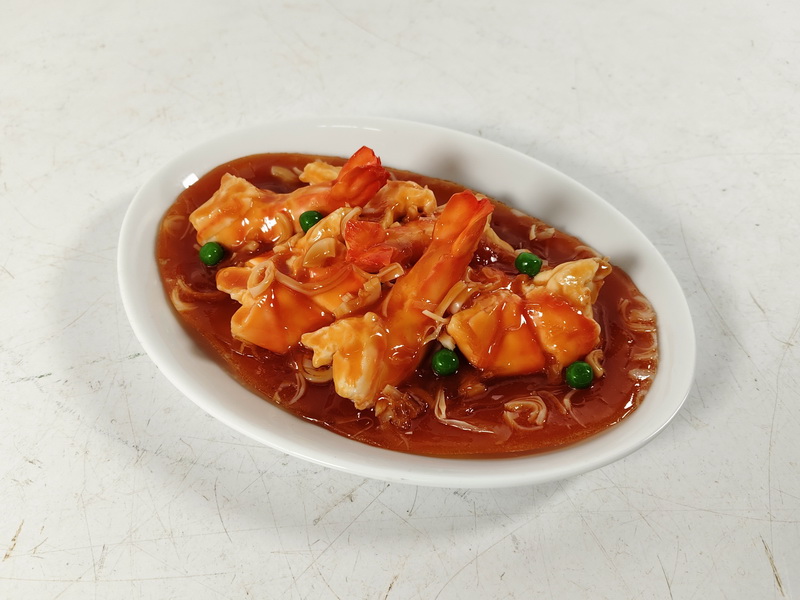 comida falsa plato langostinos salsa ceramica 21.3x15.8 1u